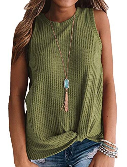 OWIN Women's Tank Tops Sleeveless Shirts Waffle Knit Tank Loose Shirts with Twist Knot Casual Tanks