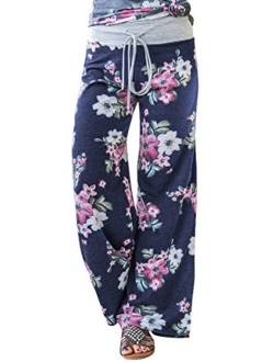 ZHENYUL Women's Stretchy Wide Leg Pajama Pants Comfy Casual Floral Print Palazzo Lounge Pants