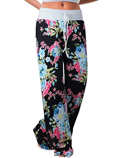 ZHENYUL Women's Stretchy Wide Leg Pajama Pants Comfy Casual Floral Print Palazzo Lounge Pants