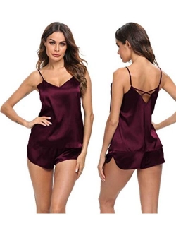 SWOMOG Womens V Neck Sexy Lingerie Silk Satin Pajamas Cami Shorts Set Nightwear