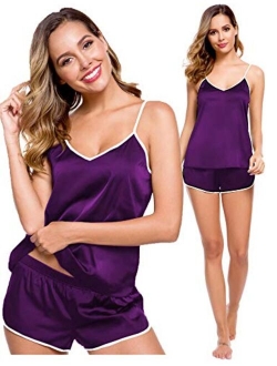 SWOMOG Womens V Neck Sexy Lingerie Silk Satin Pajamas Cami Shorts Set Nightwear