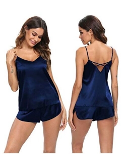 SWOMOG Womens V Neck Sexy Lingerie Silk Satin Pajamas Cami Shorts Set Nightwear