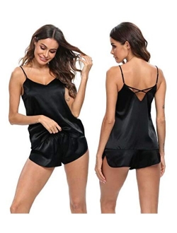 SWOMOG Womens V Neck Sexy Lingerie Silk Satin Pajamas Cami Shorts Set Nightwear