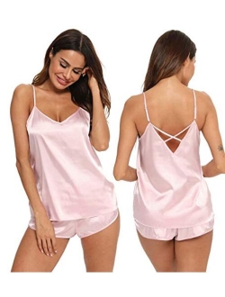 SWOMOG Womens V Neck Sexy Lingerie Silk Satin Pajamas Cami Shorts Set Nightwear