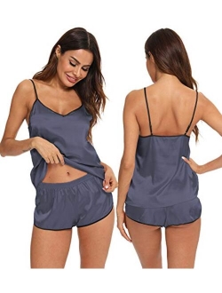 SWOMOG Womens V Neck Sexy Lingerie Silk Satin Pajamas Cami Shorts Set Nightwear