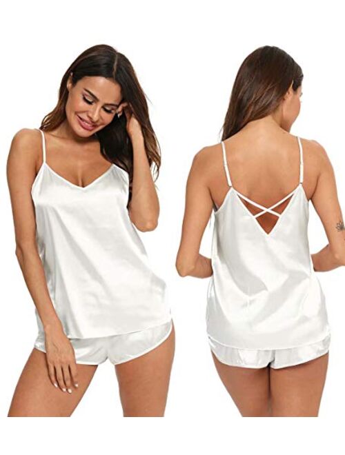 SWOMOG Womens V Neck Sexy Lingerie Silk Satin Pajamas Cami Shorts Set Nightwear