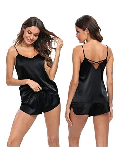 SWOMOG Womens V Neck Sexy Lingerie Silk Satin Pajamas Cami Shorts Set Nightwear