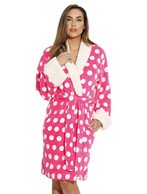 Just Love Sherpa Trim Plush Robe for Women - Polka Dot