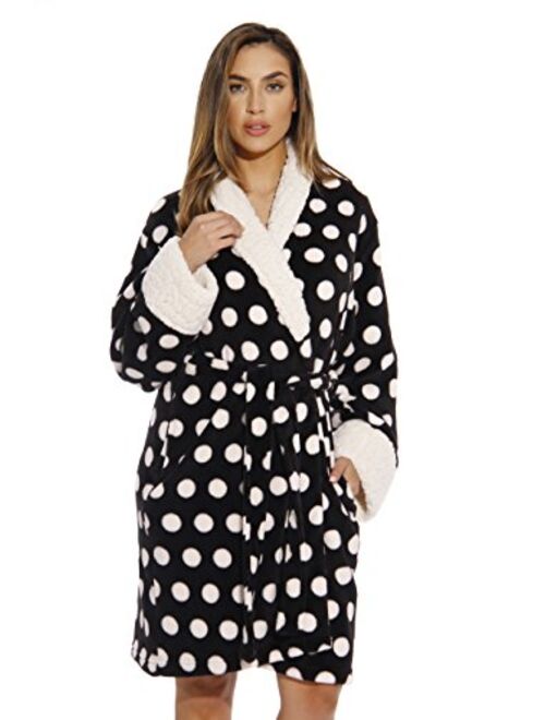 Just Love Sherpa Trim Plush Robe for Women - Polka Dot