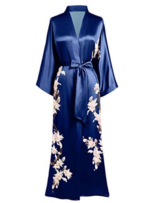 BABEYOND Kimono Robe Cover up Long Floral Satin Sleepwear Silky Bathrobe Bachelorette Robe