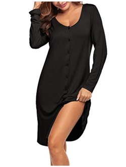 Women's Nightshirt Long Sleeve Button Down Nightgown V-Neck Sleepwear Pajama Dress