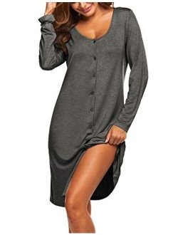 Women's Nightshirt Long Sleeve Button Down Nightgown V-Neck Sleepwear Pajama Dress