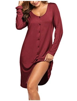 Women's Nightshirt Long Sleeve Button Down Nightgown V-Neck Sleepwear Pajama Dress