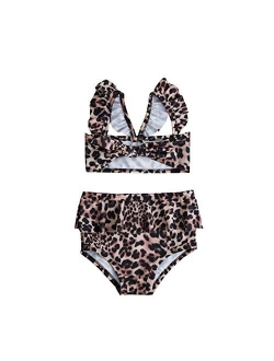 Kids Baby Girls 3pcs Leopard One Shoulder Vest Panties Bowknot Bikini Set Swimsuit Bathing Suit