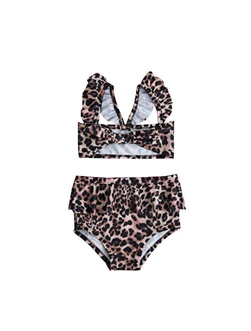 Kids Baby Girls 3pcs Leopard One Shoulder Vest Panties Bowknot Bikini Set Swimsuit Bathing Suit