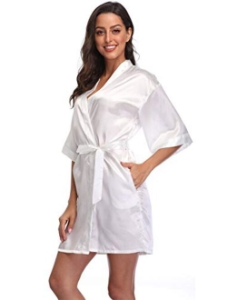 Women's Satin Short Kimono Robe Solid Color Bridesmaid Robes Silky Bathrobe for Wedding Party