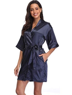 Women's Satin Short Kimono Robe Solid Color Bridesmaid Robes Silky Bathrobe for Wedding Party