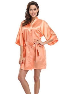 Women's Satin Short Kimono Robe Solid Color Bridesmaid Robes Silky Bathrobe for Wedding Party