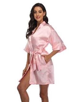 Women's Satin Short Kimono Robe Solid Color Bridesmaid Robes Silky Bathrobe for Wedding Party