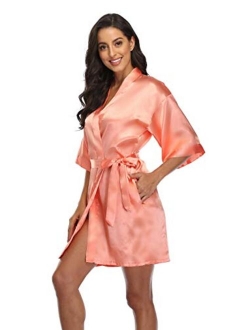 Women's Satin Short Kimono Robe Solid Color Bridesmaid Robes Silky Bathrobe for Wedding Party