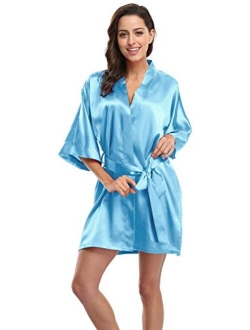 Women's Satin Short Kimono Robe Solid Color Bridesmaid Robes Silky Bathrobe for Wedding Party