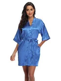 Women's Satin Short Kimono Robe Solid Color Bridesmaid Robes Silky Bathrobe for Wedding Party