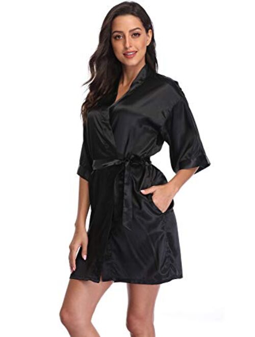 Women's Satin Short Kimono Robe Solid Color Bridesmaid Robes Silky Bathrobe for Wedding Party