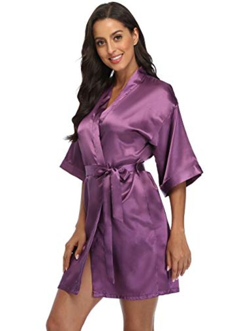 Women's Satin Short Kimono Robe Solid Color Bridesmaid Robes Silky Bathrobe for Wedding Party