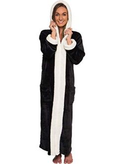 Silver Lilly Sherpa Trim Hooded Robe w/Zipper - Women's Full Length Plush Fleece Long Zipper Housecoat