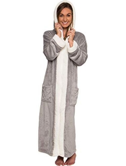 Silver Lilly Sherpa Trim Hooded Robe w/Zipper - Women's Full Length Plush Fleece Long Zipper Housecoat