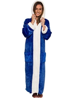 Silver Lilly Sherpa Trim Hooded Robe w/Zipper - Women's Full Length Plush Fleece Long Zipper Housecoat