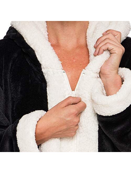 Silver Lilly Sherpa Trim Hooded Robe w/Zipper - Women's Full Length Plush Fleece Long Zipper Housecoat