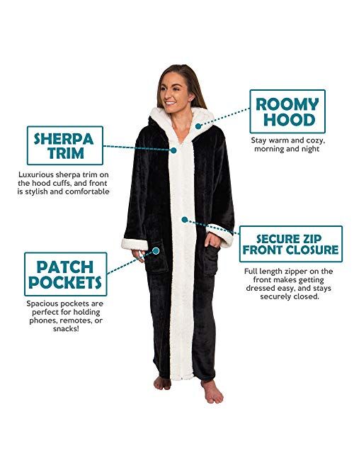 Silver Lilly Sherpa Trim Hooded Robe w/Zipper - Women's Full Length Plush Fleece Long Zipper Housecoat