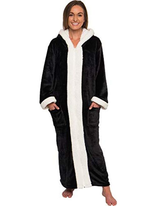 Silver Lilly Sherpa Trim Hooded Robe w/Zipper - Women's Full Length Plush Fleece Long Zipper Housecoat