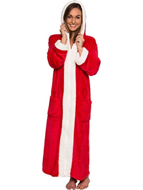 Silver Lilly Sherpa Trim Hooded Robe w/Zipper - Women's Full Length Plush Fleece Long Zipper Housecoat