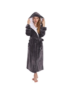 Women's Large Hooded Long Bathrobe with Chest Button,Lightweight Fleece Soft House coat