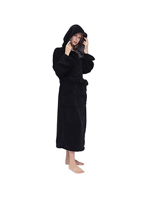 Women's Large Hooded Long Bathrobe with Chest Button,Lightweight Fleece Soft House coat