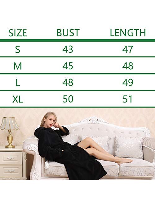 Women's Large Hooded Long Bathrobe with Chest Button,Lightweight Fleece Soft House coat