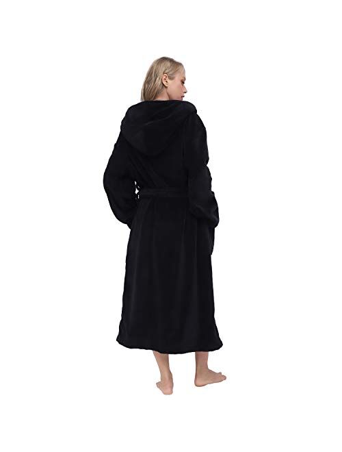 Women's Large Hooded Long Bathrobe with Chest Button,Lightweight Fleece Soft House coat