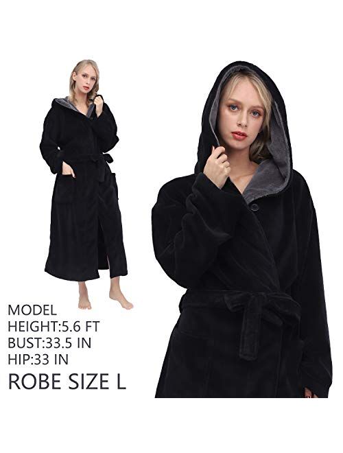 Women's Large Hooded Long Bathrobe with Chest Button,Lightweight Fleece Soft House coat