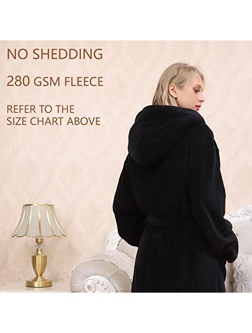 Women's Large Hooded Long Bathrobe with Chest Button,Lightweight Fleece Soft House coat