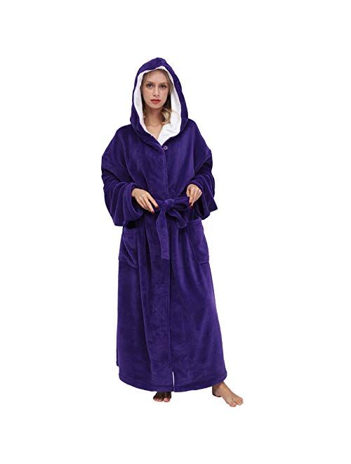 Women's Large Hooded Long Bathrobe with Chest Button,Lightweight Fleece Soft House coat