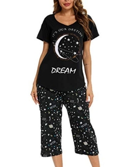 Mia Lucce Womens Pajama Set -Cute Print Tops with Capri Pants PJ Sets-2 Piece Sleepwear(M~3XL)