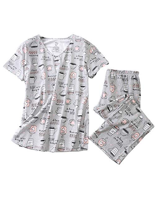 Mia Lucce Womens Pajama Set -Cute Print Tops with Capri Pants PJ Sets-2 Piece Sleepwear(M~3XL)