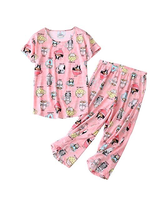 Mia Lucce Womens Pajama Set -Cute Print Tops with Capri Pants PJ Sets-2 Piece Sleepwear(M~3XL)