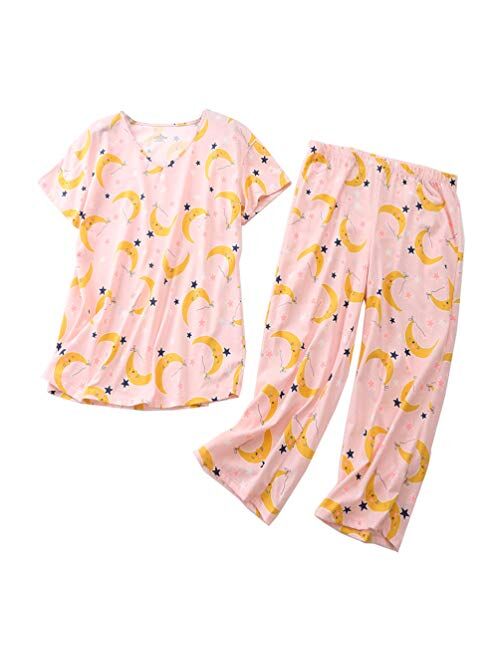 Mia Lucce Womens Pajama Set -Cute Print Tops with Capri Pants PJ Sets-2 Piece Sleepwear(M~3XL)