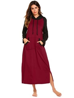 Sleepwear Women Long/Short Sleeve Hooded Nightgown Contrast Color Full Length Loungewear with Pocket