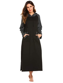 Sleepwear Women Long/Short Sleeve Hooded Nightgown Contrast Color Full Length Loungewear with Pocket