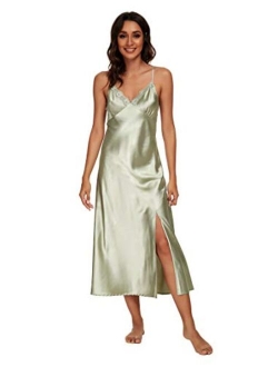 Alcea Rosea Womens Sleepwear Lace Lingerie Chemises V Neck Nightgown Sexy Long Sleep Dress Sleeveless Lace for Women Elegant