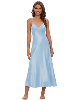 Alcea Rosea Womens Sleepwear Lace Lingerie Chemises V Neck Nightgown Sexy Long Sleep Dress Sleeveless Lace for Women Elegant